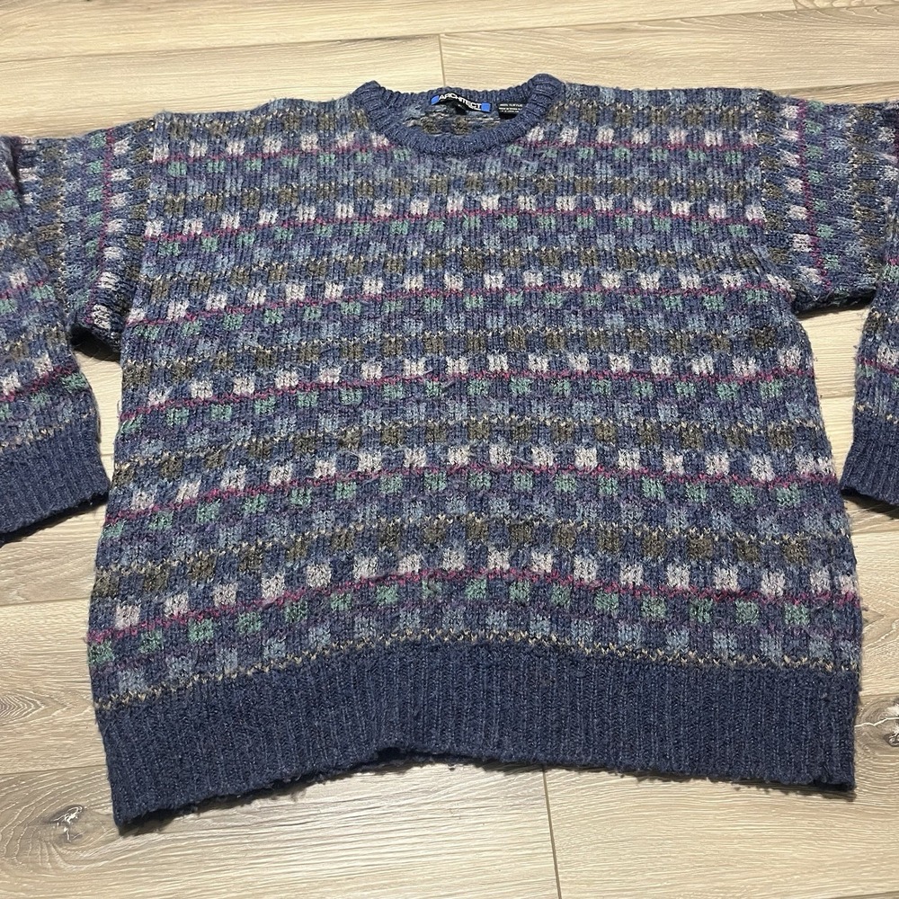 Vintage 90s Crewneck Sweater Mens Size XL‎ Blue Acrylic Pullover Patchwork